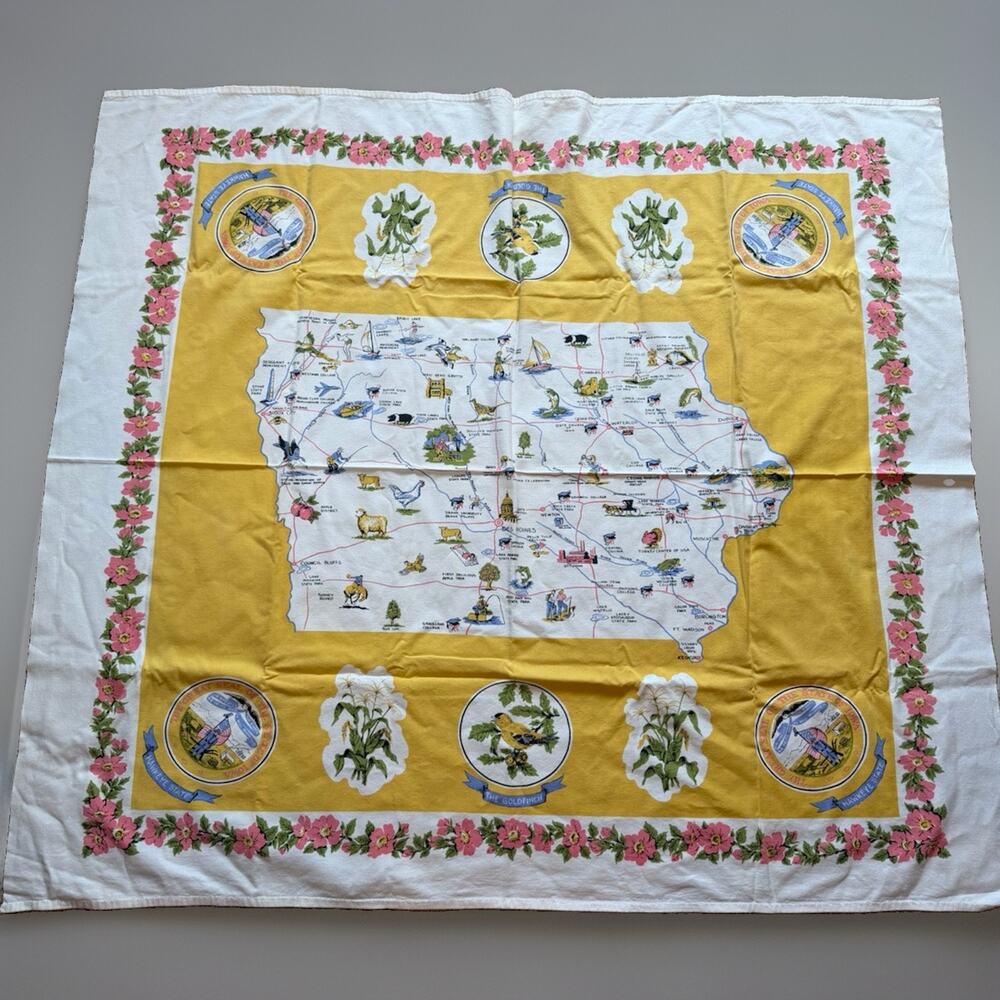 Vintage Iowa State Souvenir Tablecloth 44” Square Hawkeye State Map Cotton 60s